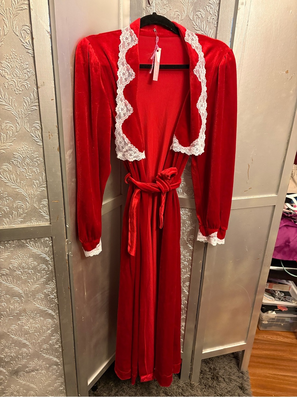 Vintage Red Long Sleeve robe with Lace Trim